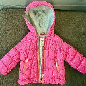 Girls 12M Puffy Winter Zip Up Coat with Hood & Fleece Lining Name Tag Carter's